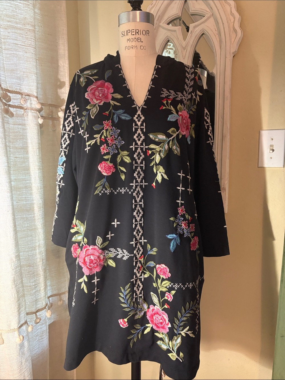 Johnny Was Black Mini Dress with Pink & Green Floral Embroidery
